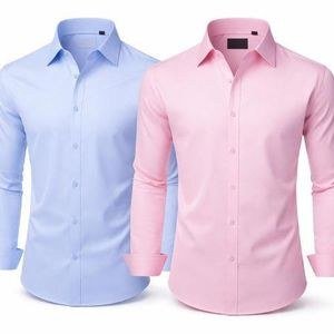 2 Pieces Of Men's Office Long Sleeved Shirts With Front Pockets _ Pink,Skyblue