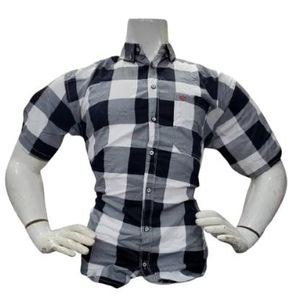 Classic Checkered Short-Sleeve Button-Up Shirt (Black and White)