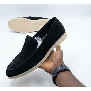 Men’s Suede Loafer Slip-On Casual Moccasin Shoes with Contrast Sole – Black