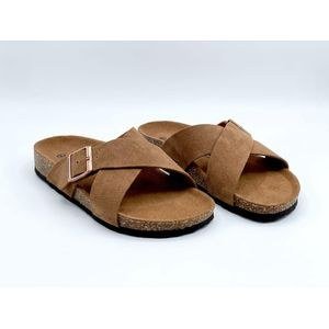 Cross-Strap Cork Footbed Slide Sandals – Tan