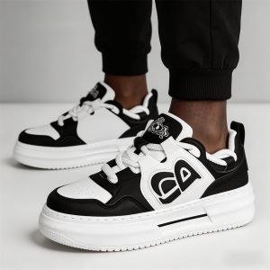 Men's Casual Sneakers Low Top Shoes Chunky Platform Thick Sole Lace Up Sports Street Skate - Black White