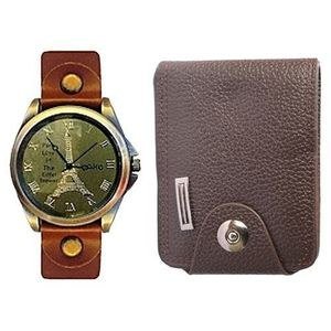 Yake 2 Pack Of Men's Faux Wallet & Wrist Watch - Brown